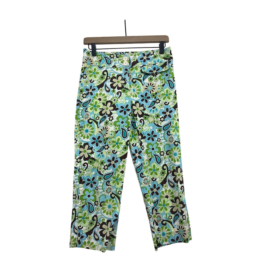 Carolina Blues Vintage Floral Paisley Cropped Pants Green Blue Size 6
